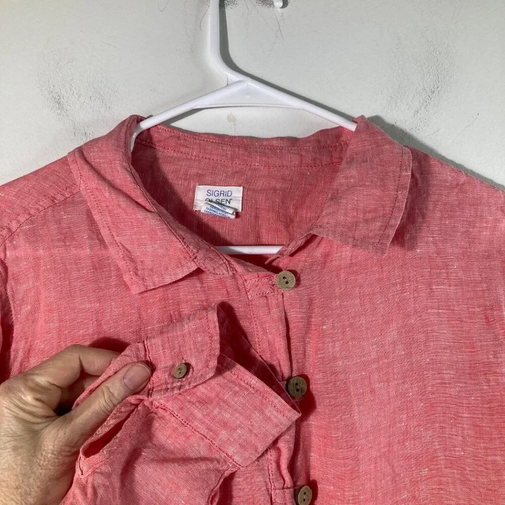 Womens Sigrid Olsen Linen V Neck Pullover 1/4 Button Tunic Peach L Roll Tab Slee - Picture 3 of 9